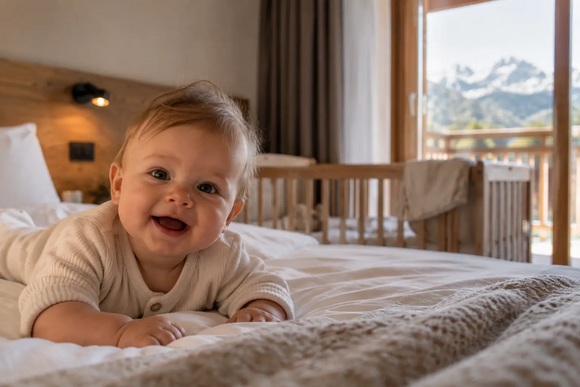 Baby auf Bett mit Bergblick durchs Fenster
