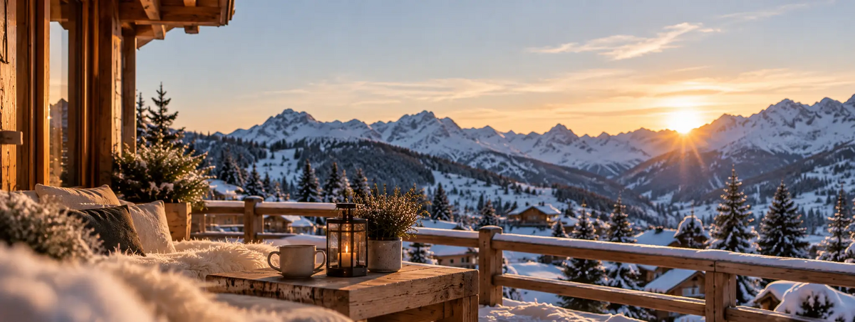 Chalet-Terrasse mit Blick auf verschneite Berge bei Sonnenaufgang
