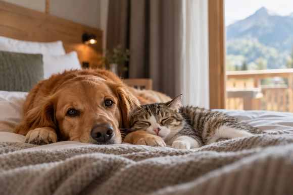 Hund und Katze kuscheln auf einem Bett mit Bergblick