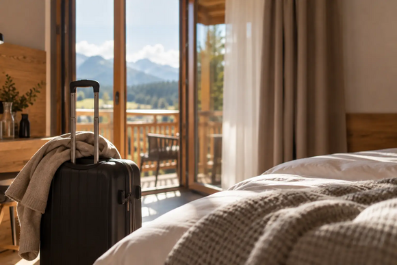 Hotelzimmer mit Bergblick und Koffer auf Bett