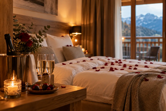 Romantisch dekoriertes Schlafzimmer mit Champagner und Rosenblättern, Bergblick